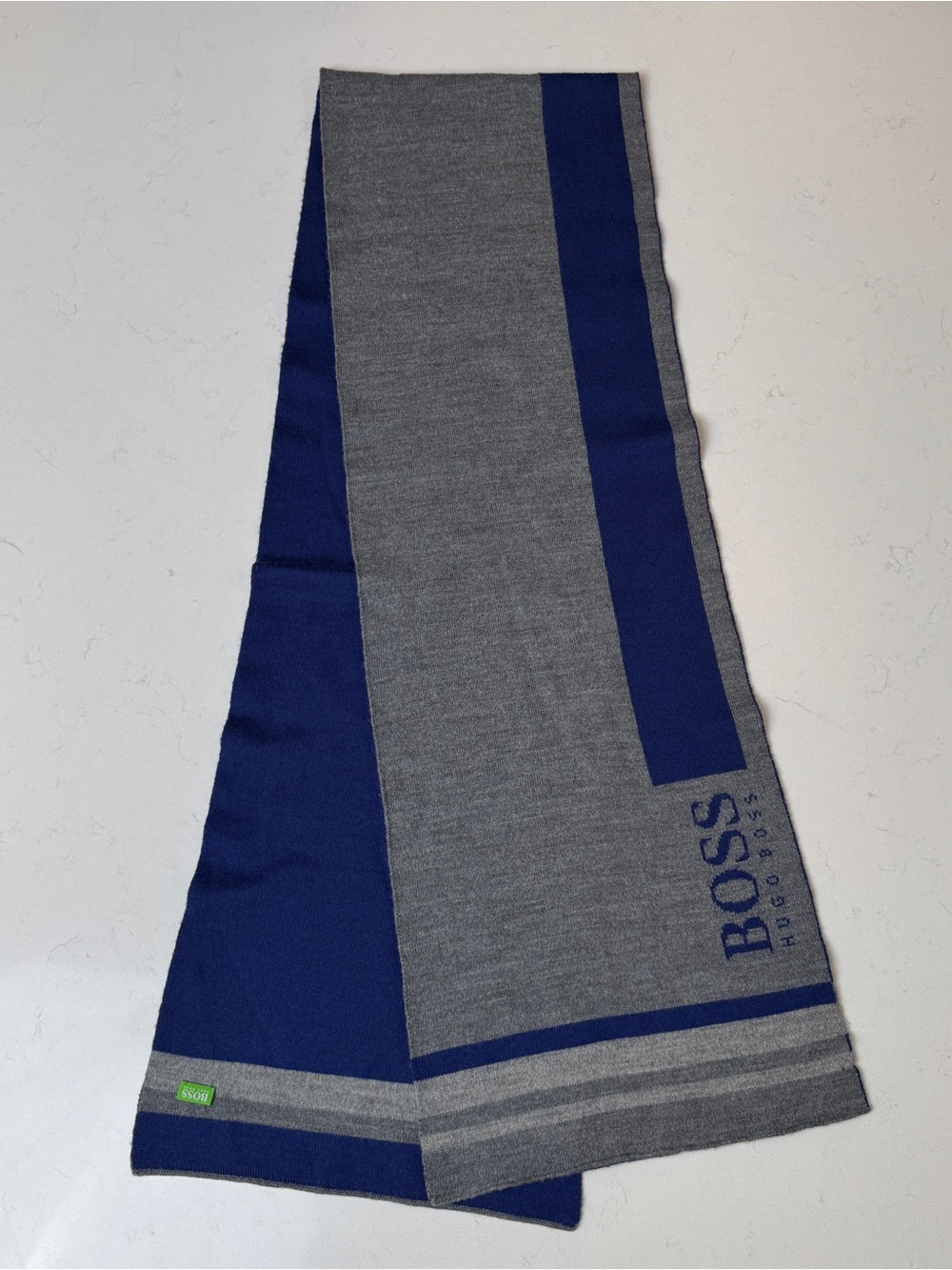 Hugo Boss Gray Scarf with Blue Logo Detail